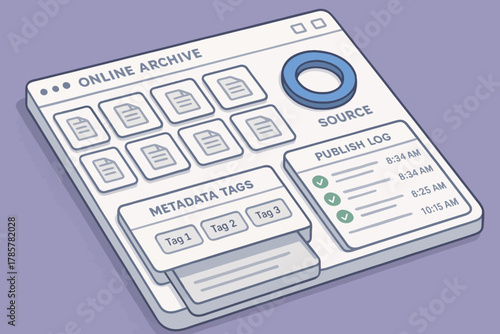 Digital archive interface with metadata tags and publish log design