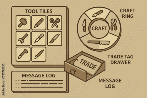 Crafting tools and trade system interface concept for games and apps