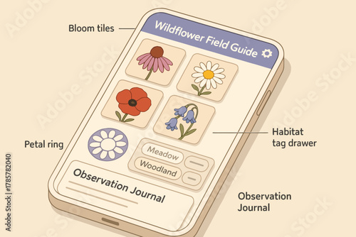 Wildflower field guide app interface with floral icons and observation journal features
