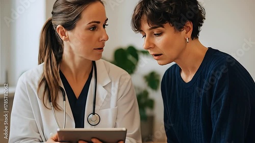 Compassionate female doctor discussing health results with a concerned patient during a medical consultation using a digital tablet