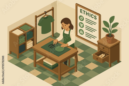 Female asian adult tailor in ethical fashion studio cutting fabric