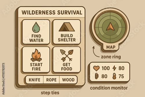 Wilderness survival guide: water, shelter, fire, food, tools, navigation, vital signs
