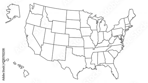 An outline map of the United States of America with state borders. Animation for thematic design