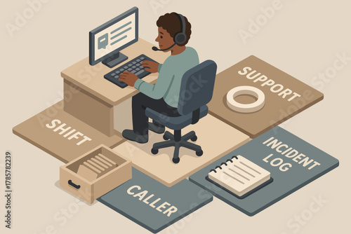 African male adult at computer providing technical support in office environment