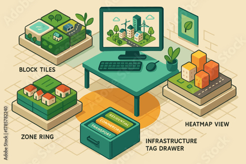 Isometric urban planner interface with infrastructure elements and heatmap view