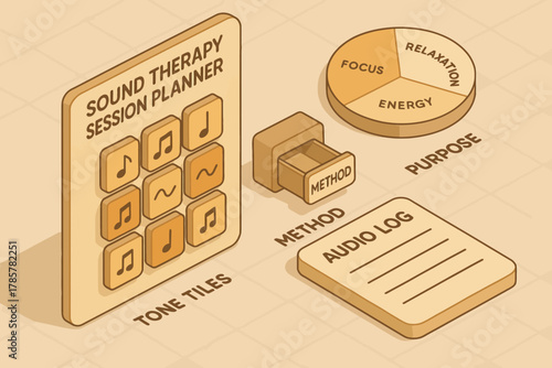 Sound therapy session planner with tone tiles and audio log for relaxation and focus