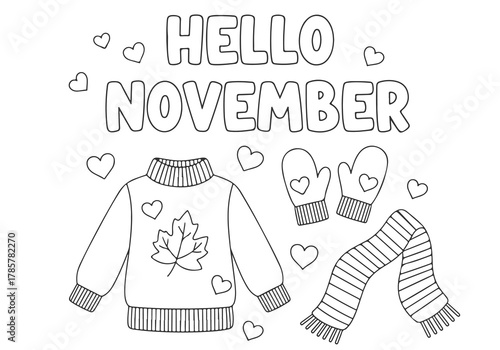 Hello November Coloring Book Page Autumn Sweater, Mittens, and Scarf