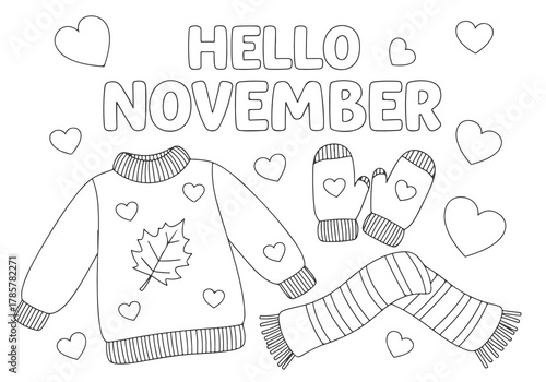 Hello November Autumn Season Coloring Book Page with Sweater, Scarf, and Mittens