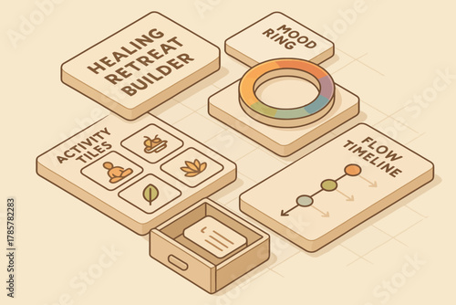 Wellness retreat planning tools with mood ring and flow timeline illustrations