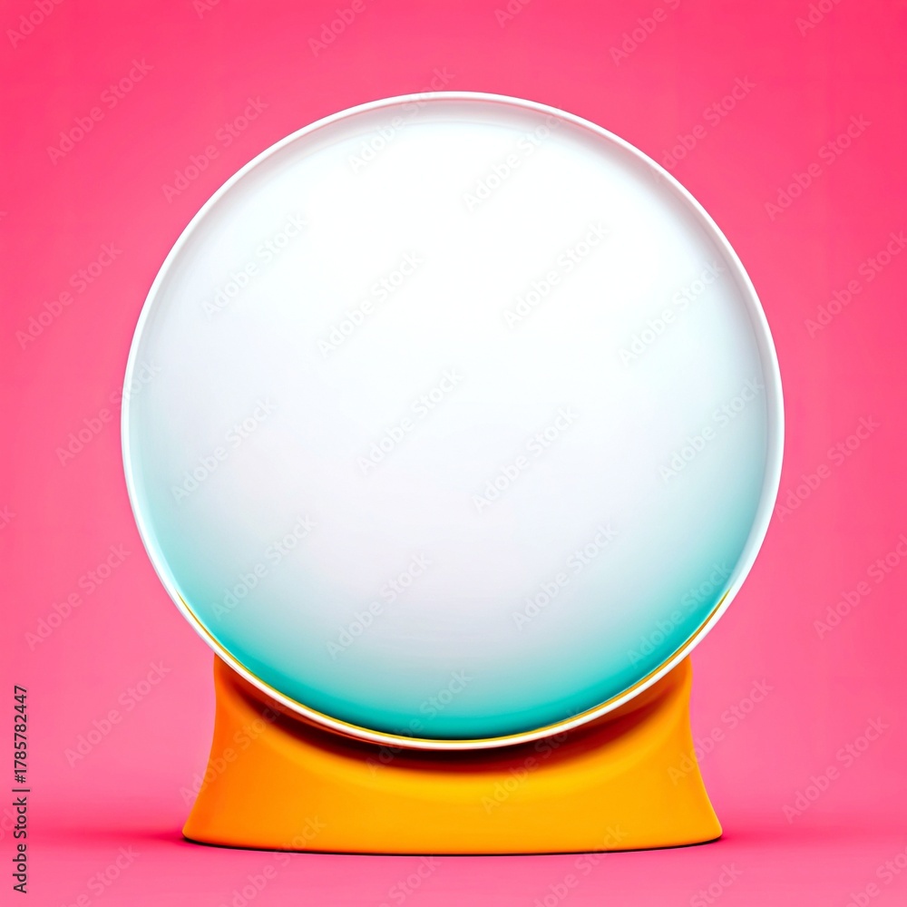 Obraz premium A clear glass orb with a white interior rests on a bright orange stand, set against a solid pink backdrop.