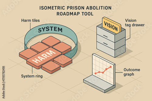 Isometric prison abolition roadmap tool with harm and vision elements