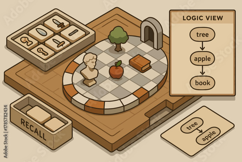 3d isometric puzzle game board with logical sequence and recall mechanism
