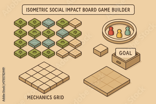 Isometric social impact board game design with components and mechanics grid