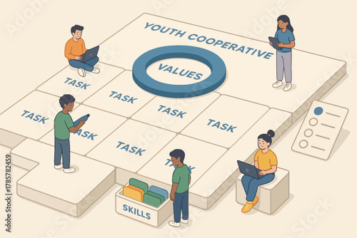 Diverse young adults collaborating on youth cooperative values and skills development