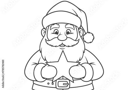 Delightful Santa Claus holding a star outline for a festive Christmas coloring book page, perfect for holiday season fun and creative expression
