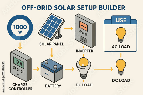 Off-grid solar setup diagram: inverter, charge controller, battery flow