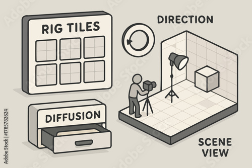 Photography studio setup with equipment and lighting direction