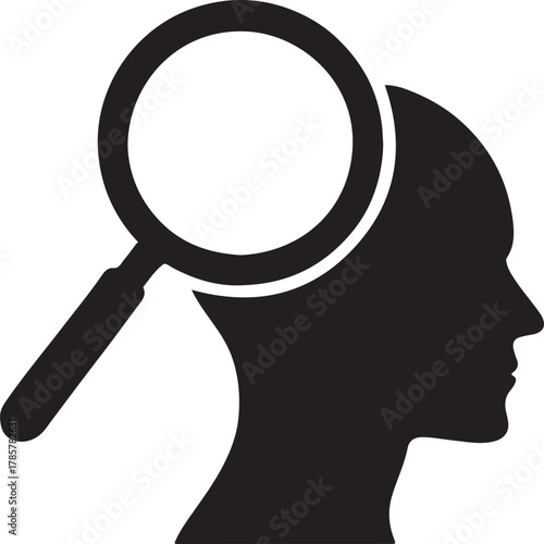 Magnifying glass exploring human head, symbolizing thought and deep analysis