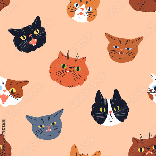Cute funny cats, seamless animal pattern. Comic humorous feline heads with fun emotion, expression, endless background. Kitties, repeating print for textile, wrapping design. Flat vector illustration