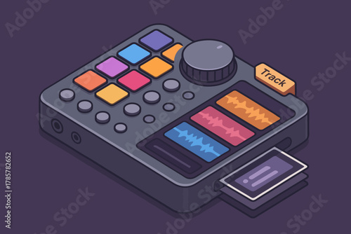 Colorful digital music sampler with pads and screen on dark background