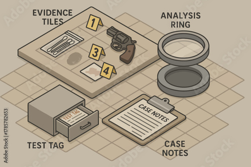 Crime scene investigation tools with evidence tiles and case notes