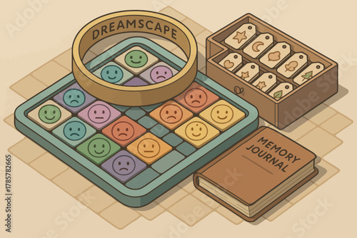 Colorful dreamscape puzzle with memory journal and wooden box
