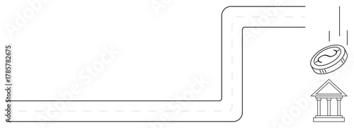 Bending road directing toward financial institution with coin dropping into the structure. Ideal for finance, investment, banking, economic education, savings, business planning, simple flat metaphor