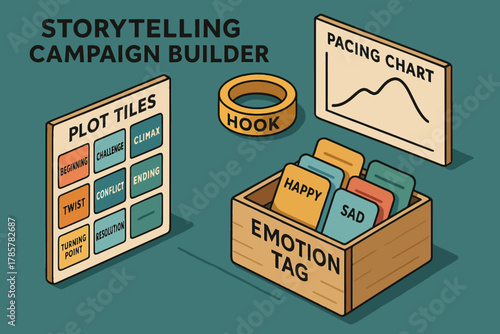 Storytelling campaign builder illustration with plot tiles emotion tags and pacing chart