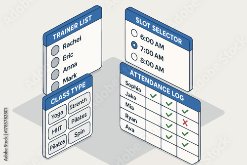 Schedule interface with trainer list and attendance log for yoga and pilates classes