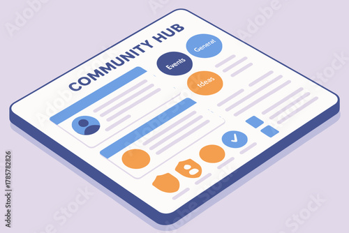 Illustrated community hub concept with user profiles and interactive elements