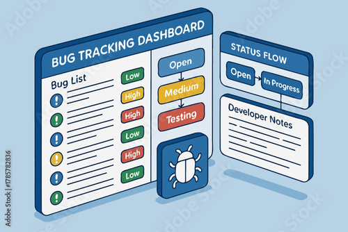 Bug tracking dashboard diagram with status flow and developer notes