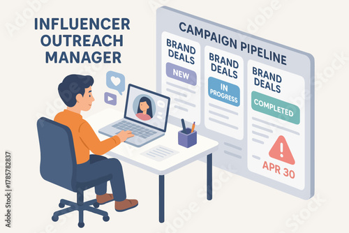 Asian male adult managing influencer outreach and brand campaigns on laptop