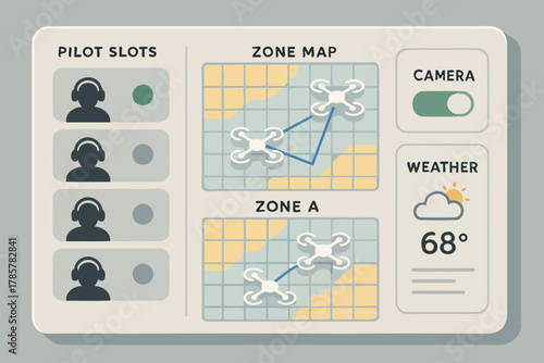 Drone flight control dashboard with pilot slots and weather information display