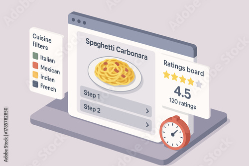 Online recipe interface displaying spaghetti carbonara with cuisine filters and ratings