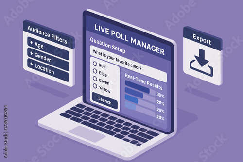 Interactive live poll manager interface with audience filters and export options