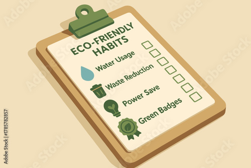 Eco-friendly habits checklist on clipboard: water usage, waste reduction, power save, green badges