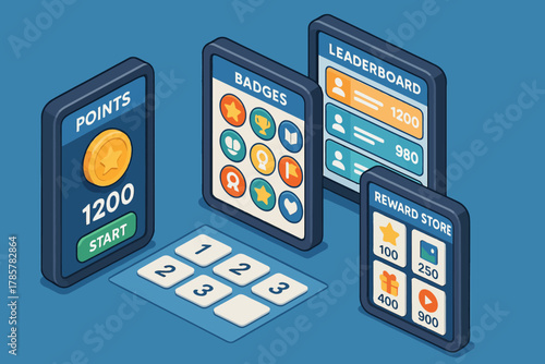 Gamification elements: points, badges, leaderboard, and reward store in mobile interface
