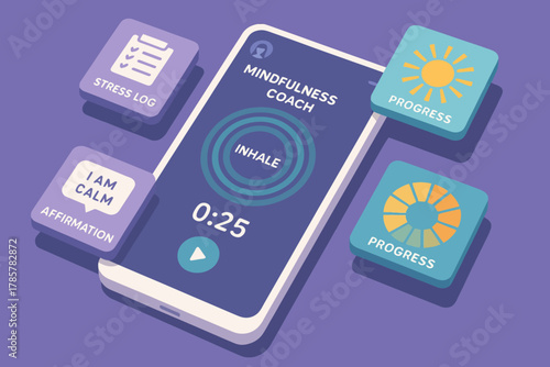 Mindfulness mobile app interface with breathing timer and progress tracking features