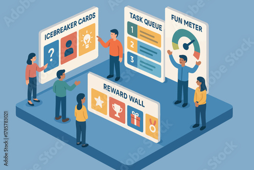 Diverse team engaging in interactive workshop with icebreaker cards and task queue