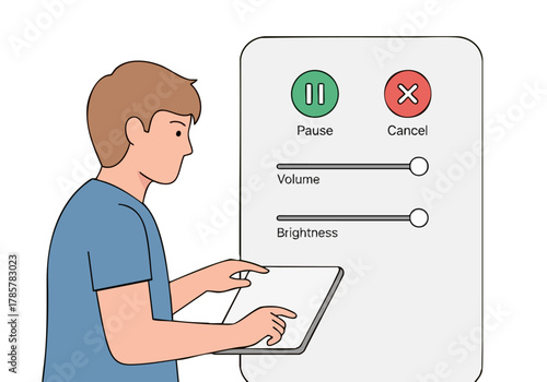 A young man adjusts tablet settings ? pause, volume, brightness. Clean, modern interface. Focus on controls. Professional, digital, tech.