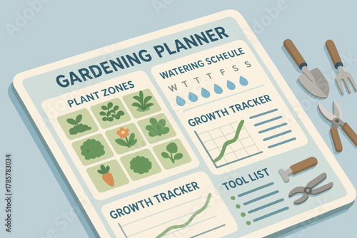 Gardening planner: plant zones, watering schedule, growth tracker, tool list