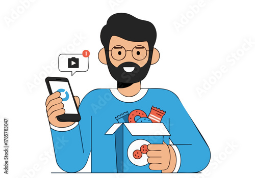A man enjoys a snack while watching videos on his phone. He holds a box of treats, showcasing a modern lifestyle and digital entertainment. Clean, flat design.