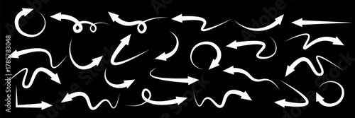 Hand drawn arrows. Vector set of different dirrection black arrows. Up, down, left, right, twisted. eps 10