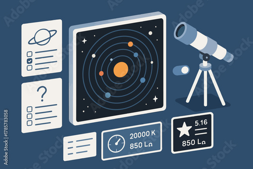 Illustration of solar system study with telescope and astronomy data charts