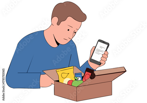 A man examines a delivery box with snacks, checking a phone notification. Modern illustration style, bright colors, conveying a sense of arrival and anticipation.