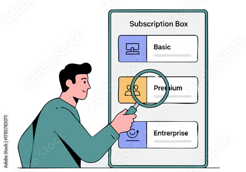A man inspects a subscription box menu on his phone. Clear focus on 'Premium' option. Modern, clean design. Professional setting.