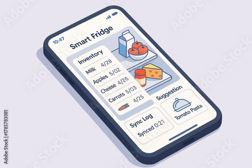 Smart fridge app displaying inventory and suggestions on smartphone screen