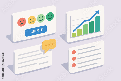 Graphic of feedback system with emoji ratings and data visualization