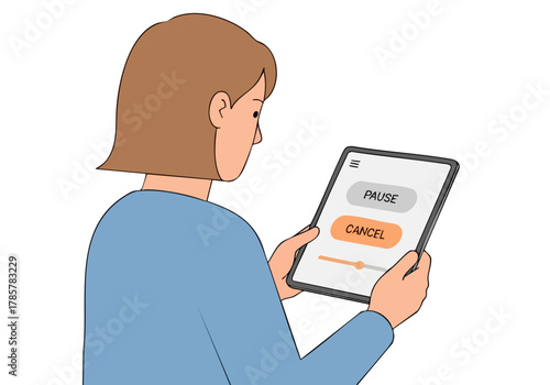 A young woman pauses a video on her tablet, reviewing options. Clean, modern illustration style. Focus on pause and cancel buttons.