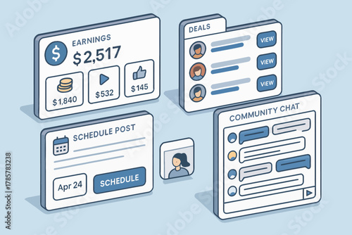 Digital dashboard interface with earnings, deals, schedule, and community chat panels